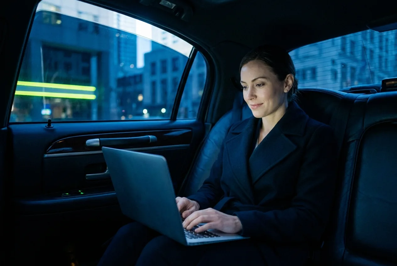 Executive working in the back seat of a Vroo car
