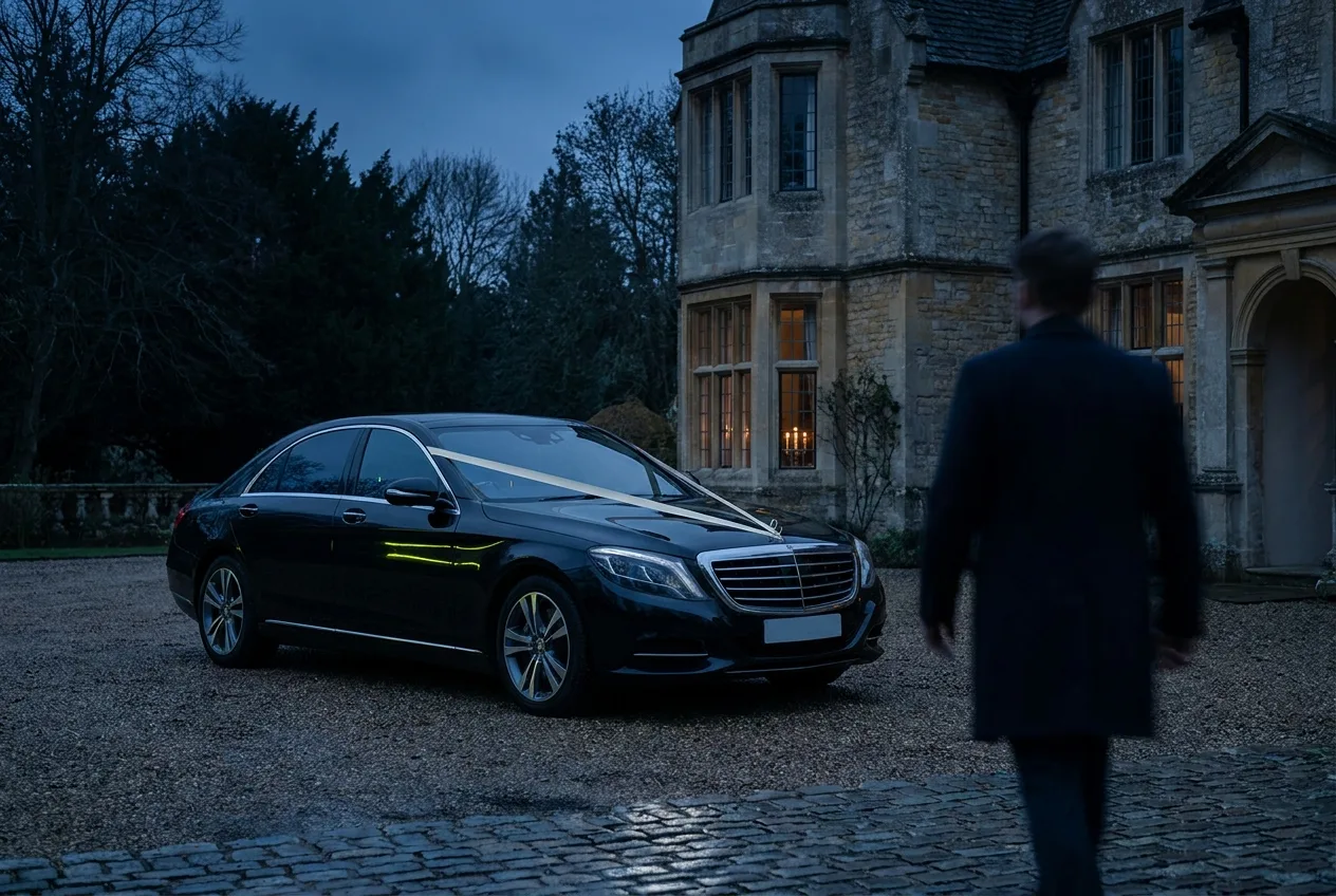 Ribboned wedding S-Class outside an English manor
